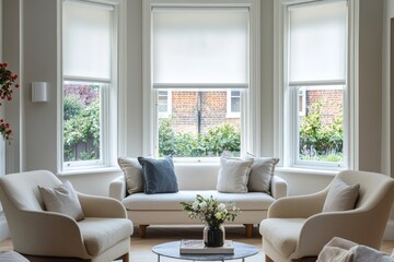 Realistic image of three white roller blinds on bay windows, paired with a sofa and armchairs.