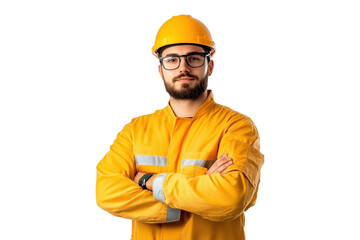 Male construction worker in yellow safety uniform isolated on a transparent background