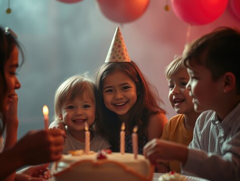 Birthday Wishes and Joy: A heartwarming moment captured as a group of children celebrate a birthday, blowing out candles on a cake. This joyous occasion is filled with laughter, love.