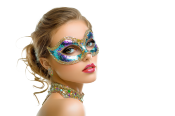 Woman wearing a colorful glitter masquerade mask with sparkling jewelry isolated on white background
