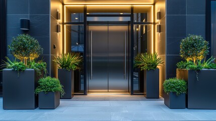 Elegant glass door framed by aluminum, paired with outdoor planters and ambient lighting.