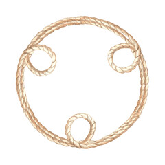 Wreath from rope with loops. Frame made of cord. Hand drawn watercolor illustration isolated. Marine border with empty space for text. String garland. Nautical template for postcard, embroidery, logo.