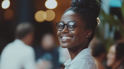 Fototapeta premium A joyful black woman with stylish glasses beams while participating in a seminar. The warm lighting and engaged audience create an inviting and vibrant environment filled with energy