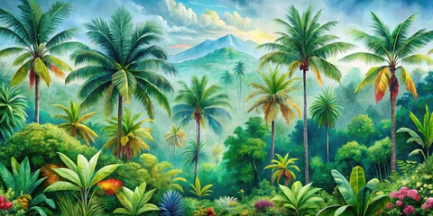Tropical Forest Wallpaper, Seamless Border, Watercolor Palm Trees, Urban Exploration
