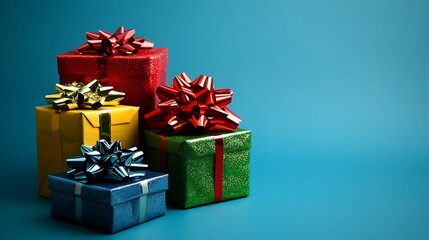 Obraz premium Colorful wrapped gifts with bows, ideal for celebrations and holidays.