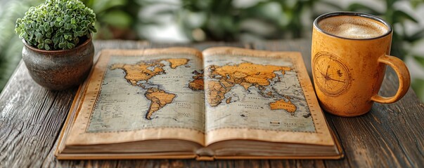 Vintage Map and Coffee on Wooden Table