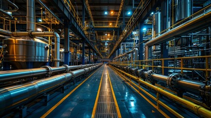 Industrial interior with yellow railings and steel pipes. AI generative. .