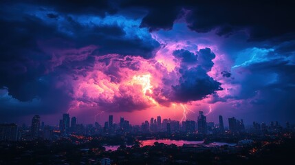 A dramatic storm over a city skyline, illuminated by lightning and vibrant cloud colors.