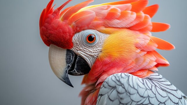 Close-up portrait of a vibrant red and orange Goffin's cockatoo.