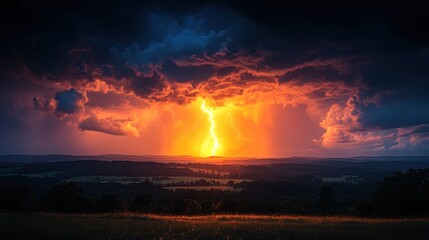 Obraz premium Fiery sunset, lightning strikes, dark landscape.