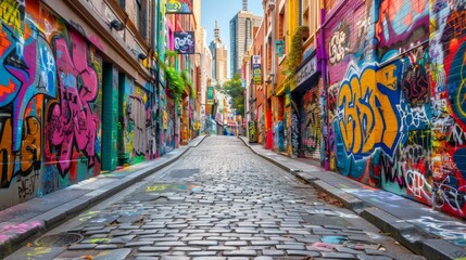 A narrow cobblestone alleyway lined with colorful graffiti on brick walls. AI generative. .