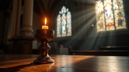 Lit Candle in Ornate Chalice Surrounded by Stained Glass Light in Church