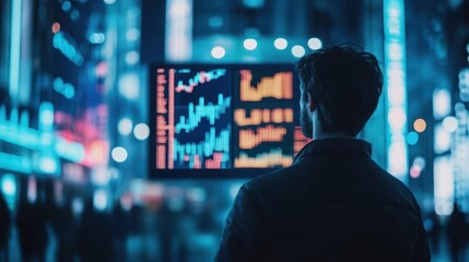 A person staring at a digital screen showing the end of the stock market, 