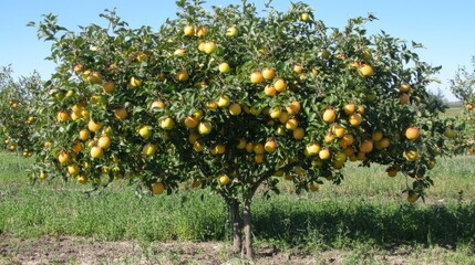 Harvest of ripe juicy yellow apples on tree in orchard, agribusiness concept, organic healthy food and non-gmo fruits with copy space
