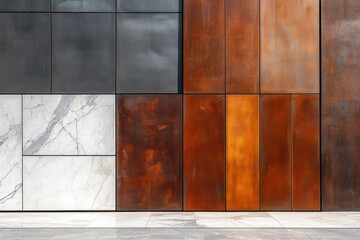 Modern facade featuring a combination of rusted corten steel and polished marble panels.