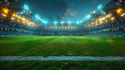 Green soccer field with white line and bright stadium lights. AI generative. .