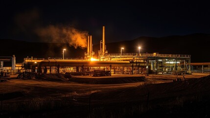 Fototapeta premium A pipe factory at night, illuminated by floodlights, the glow of molten metal visible inside