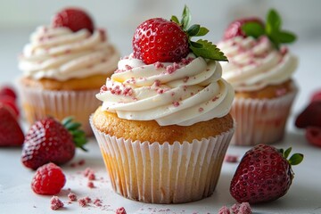 Three cupcakes with white frosting topped with strawberries and sprinkles. AI generative. .
