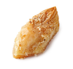 Delicious and flaky pastry dessert made with layers of dough and nuts served on a white background