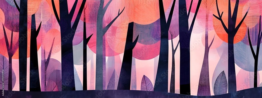 Poster stylized forest with colorful trees.