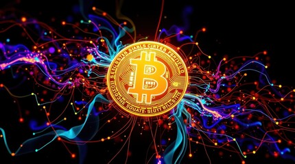 Golden Bitcoin coin with digital network background. Ideal for cryptocurrency, finance, and technology-related content.
