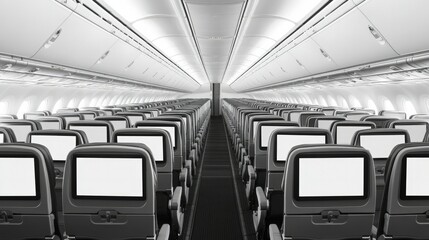 Blank entertainment screens on airplane seatbacks, emphasizing a modern and versatile cabin layout