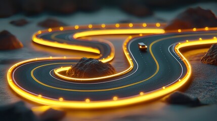 Fototapeta premium Futuristic Highway Glowing Road Car Night Drive Cinematic Design