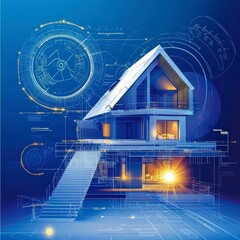 Modern House Architectural Design Blueprint  Smart Home Technology  3D Model