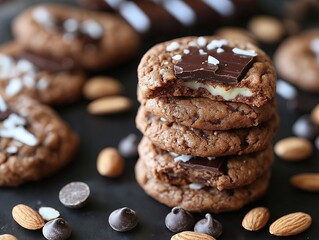 Stack of almond chocolate cookies with chocolate chunks for chocolate lovers, homemade cookies with nutty flavor, print for National Cookie Day