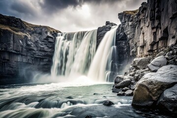 Obraz premium Dramatic Icelandic waterfall plunges from cliffs, a powerful urban exploration scene.