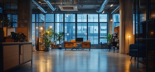 Modern office interior with plants, large windows, and a cozy atmosphere.