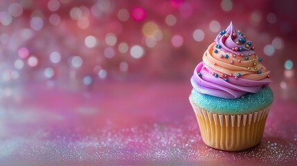 Colorful cupcake with swirled frosting and sprinkles for dessert advertisements and banner, food styling print for National Cake Day