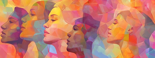 Diverse women faces, colorful abstract art.