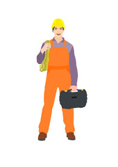 Isolated full length illustration of smiling male worker wearing overalls and hard hat on white background.