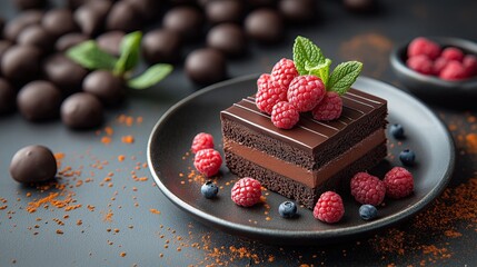 Chocolate cake slice topped with fresh raspberries and mint for dessert lovers, food styling print for National Cake Day