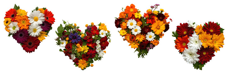 Fototapeta premium Set of heart-shaped floral arrangements with colorful flowers isolated on a transparent background