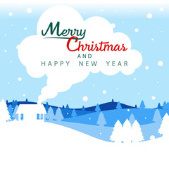 Merry Christmas and Happy New Year card with a cozy cottage, chimney smoke, snowy hills, pine trees, and a blue winter sky. Perfect for holiday greetings and festive designs.