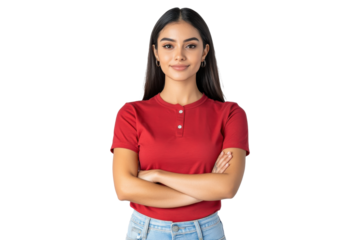 Portrait of a woman wearing a red buttoned t-shirt with folded arms isolated on a transparent background