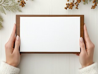 Minimalistic blank frame mockup held by hands for personalized artwork display, modern wooden frame for home decor prints
