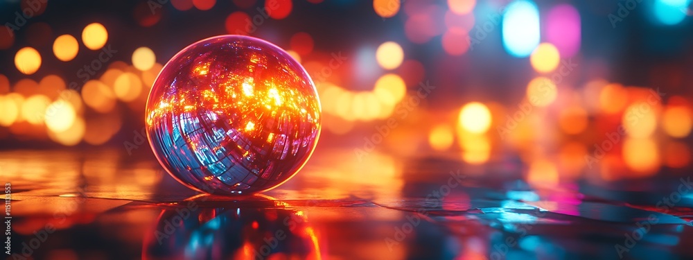 Poster crystal ball reflecting colorful bokeh lights.