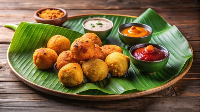 Traditional South Indian snack Mysore bonda served in a banana leaf with assorted chutneys, Mysore bonda, South Indian