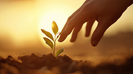 A hand gently nurturing a young green seedling in soil under bright sunlight, symbolizing growth and care.