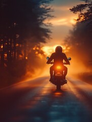 Motorcycle journey through misty landscape at dusk, thrilling ride along scenic route for adventure and freedom, print for National Motorcycle Day