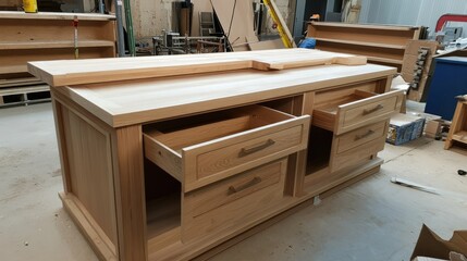 Installing a custom-built kitchen island, with drawers and shelves being fitted