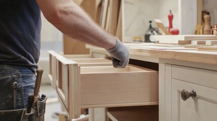 Installing drawers in a custom cabinet unit, showcasing precise carpentry in a stylish kitchen