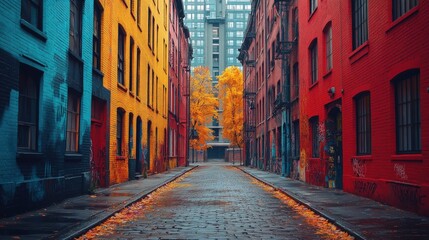 Fototapeta premium Cobblestone alleyway, colorful buildings, autumn leaves.