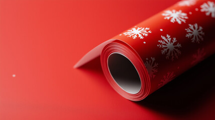 A roll of red wrapping paper decorated with white snowflakes, set against a vibrant red background.