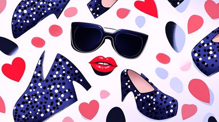 Fashion collage with shoes, lips, sunglasses.