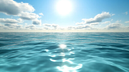 Obraz premium A tranquil ocean scene with sunlit water reflecting under a blue sky and soft clouds.