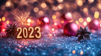 "2023" New Year celebration with golden number and fireworks at blue eve night in abstract defocused lights